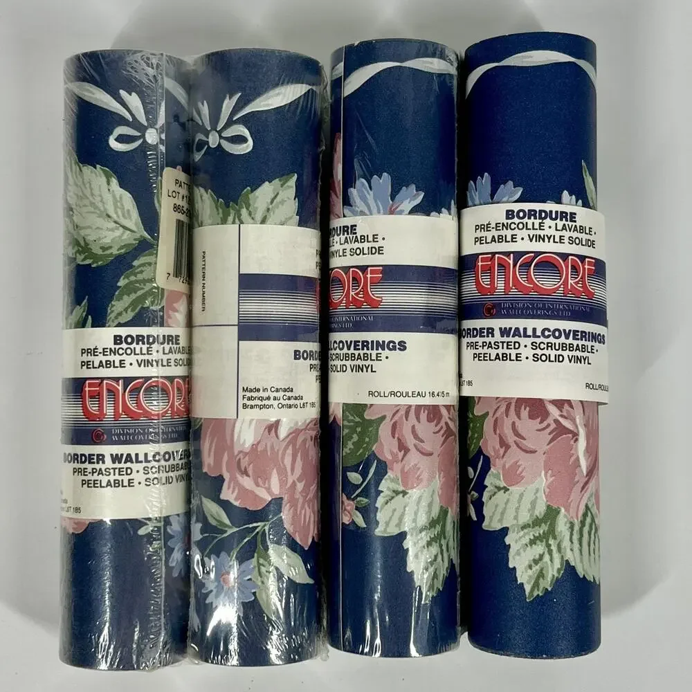 VTG Wallpaper Border Floral Pink Roses Ribbon Swag Navy Background Lot Of 4 NOS